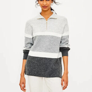 LOFT Gray & White Striped Quarter Zip Tunic Sweater Small Petite Women’s